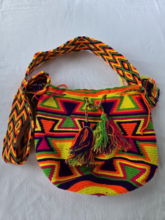 Wayuu Tribe Handbags - Wayuu Mochila Neon Bucket Purse Boho Chic Multicolor Pom Pom Handmade Crochet
